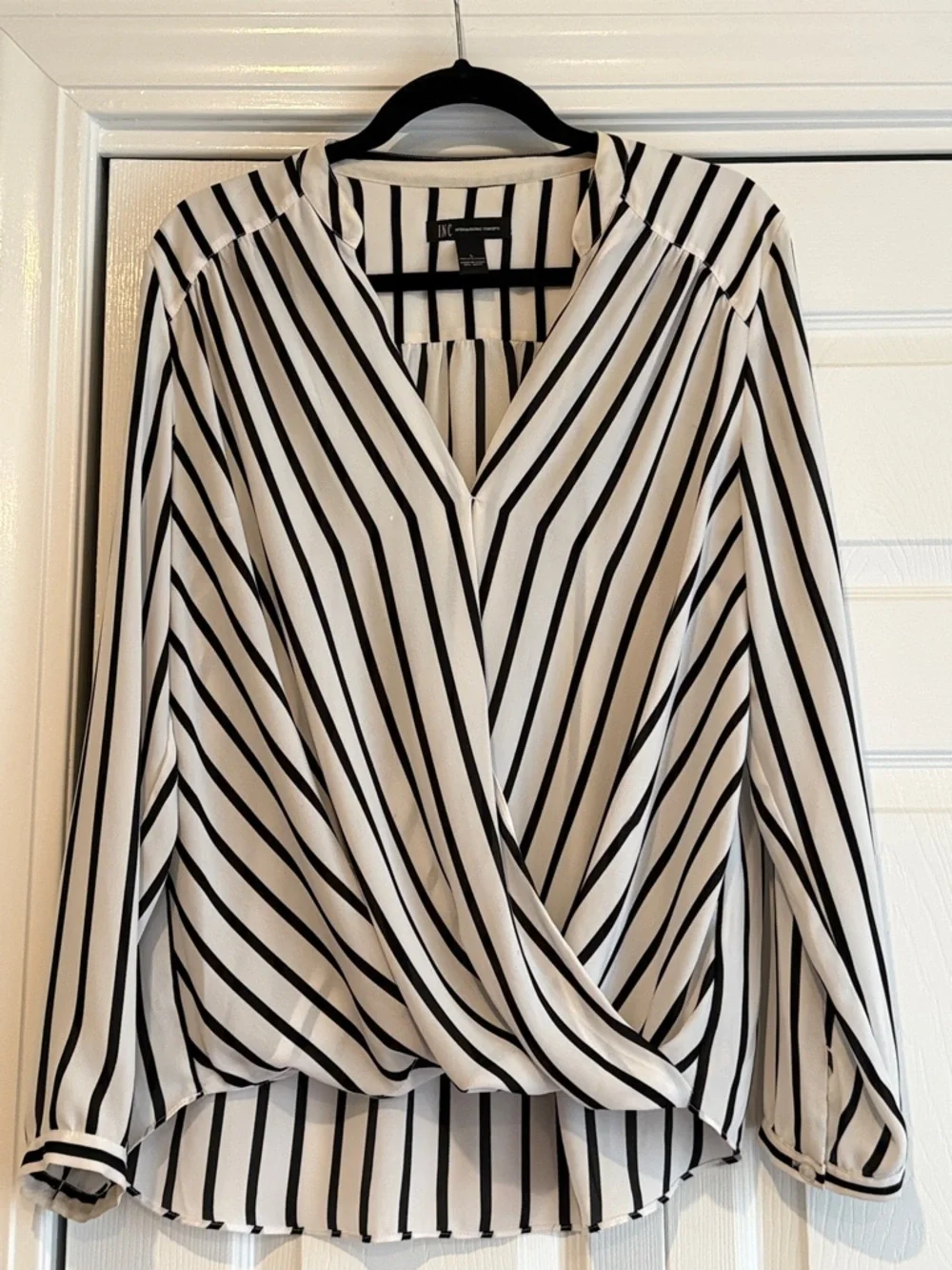 INC International Concepts Black and White Striped Faux-Wrap Blouse